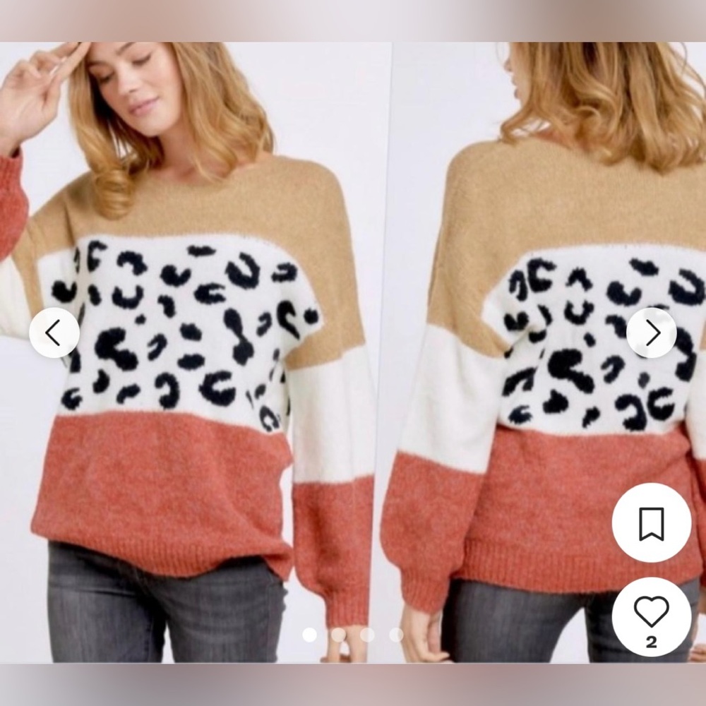 COCOBLEU Colorblock Leopard Print Fuzzy Crewneck Sweater, Sz 1X - Picture 1 of 14